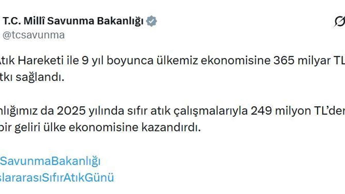 MSB, 2025'te sıfır atık çalışmalarıyla 249 milyon lira gelir elde etti